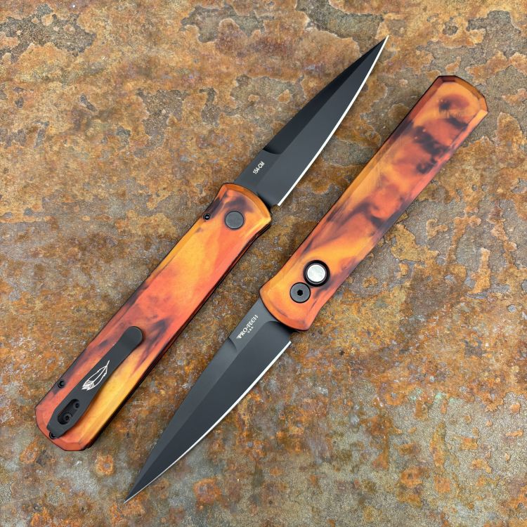 Pro-Tech Godfather Auto 'Del Fuego' Ano Aluminum Black DLC 154CM Blade Folding Knife